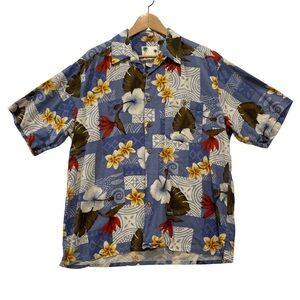 Banana Cabana Silk Hawaiian Shirt Floral Tropical Blue Short Sleeve Men’s L